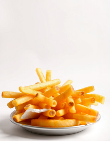 French fries in a plate on a white background. Selective focus.の写真素材
