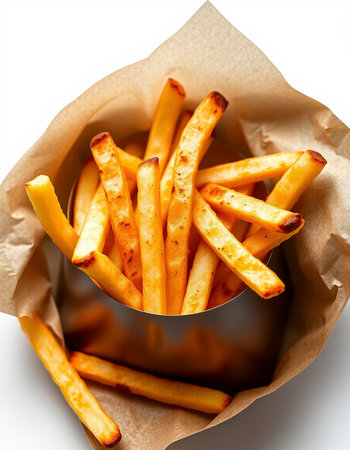 French fries in a paper box on a white background, top view