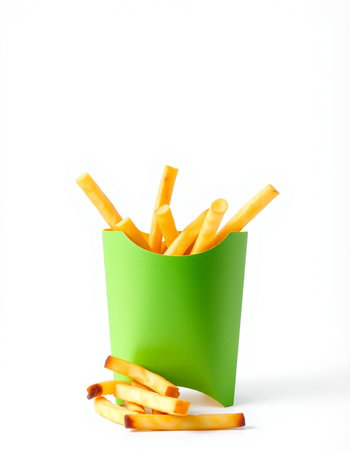 French fries in green paper box isolated on white background. Fast food conceptの写真素材