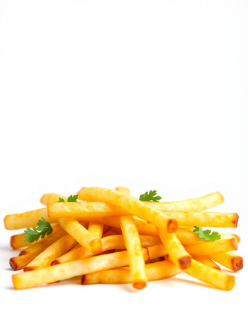 French fries with parsley on a white background. Isolated.