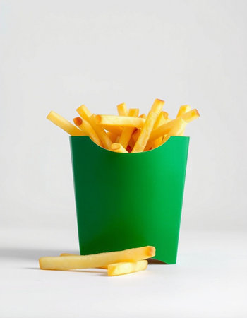 French fries in a green box on a white background, fast foodの写真素材