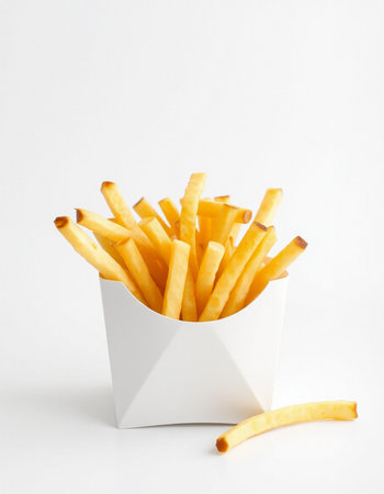 French fries in a white box on a white background, fast foodの写真素材