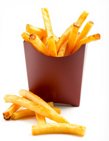 French fries in a paper box on a white background. Selective focus.