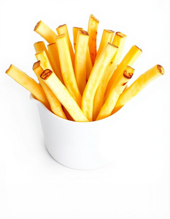 French fries in a white bowl on a white background. Isolated