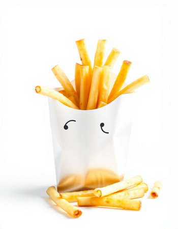 French fries with funny face isolated on white background. Funny food concept.の写真素材