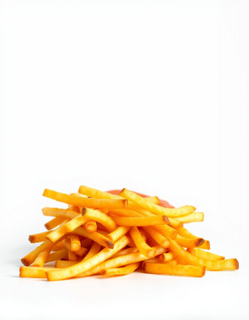 Golden French fries potatoes on white background. Copy space for text.