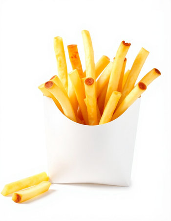 French fries in paper box isolated on white background. Close up.