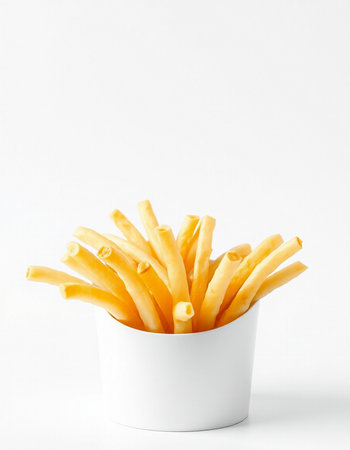 French fries in a white bowl on a white background, close-up