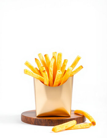 French fries in a paper box on a white background. Fast food.