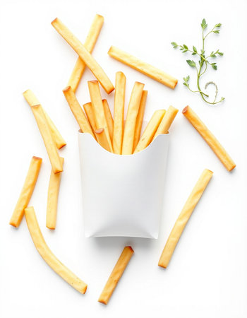 French fries in a white paper bag on a white background, top viewの写真素材