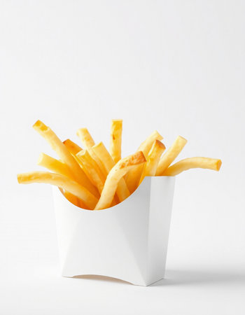 French fries in a white box on a white background. Fast food
