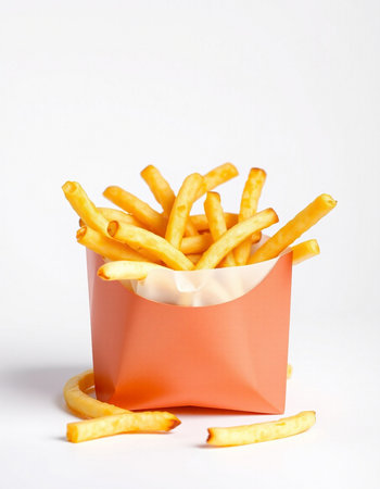 French fries in a paper box on a white background. Fast food.