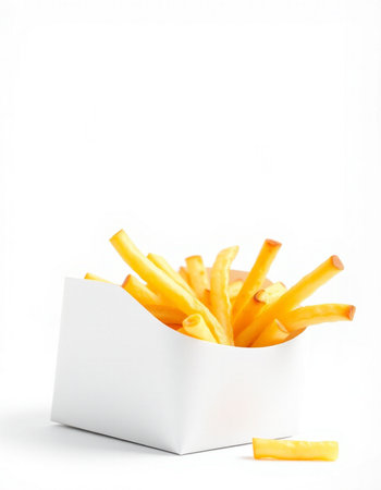 French fries in a white box on a white background. Selective focus.の写真素材