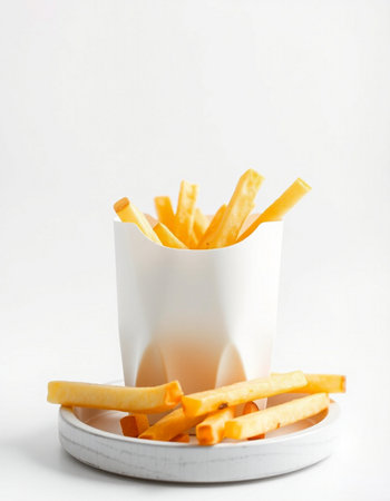 French fries in a paper box on a white background. Selective focus.の写真素材