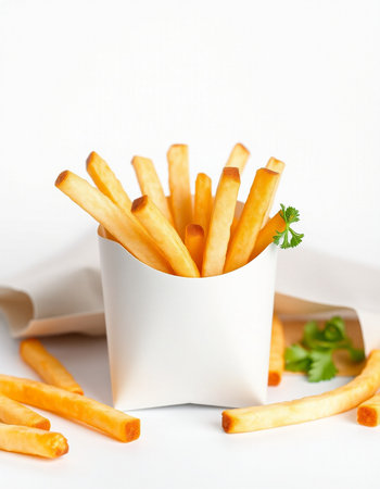 French fries in a paper box with parsley on a white backgroundの写真素材