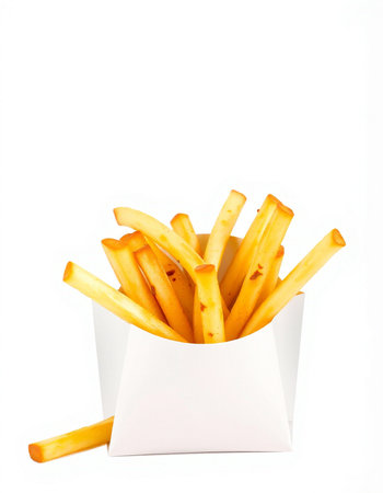 French fries in a white box on a white background. Isolated