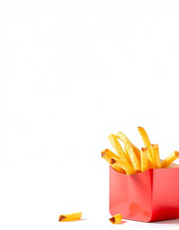French fries in a red box on a white background with copy space