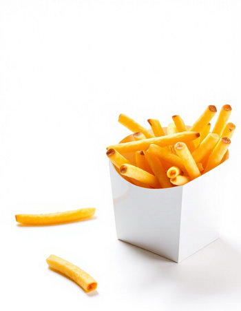 French fries in a white box on a white background. Selective focus.