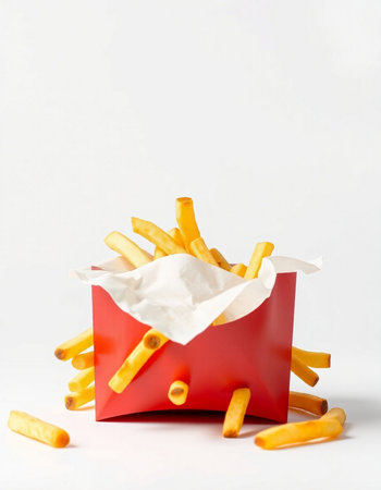 French fries in a red box on a white background. Concept of fast food