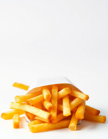 French fries in a white box on a white background. Selective focus.