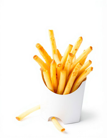French fries in a paper box on a white background. Selective focus.