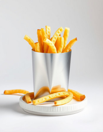 French fries in a paper cup on a white background. Fast food.の写真素材