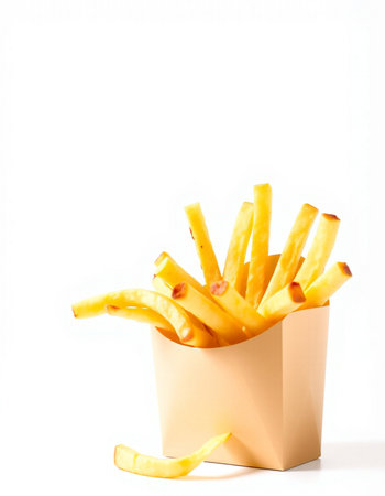 French fries in paper box isolated on white background. Copy space.