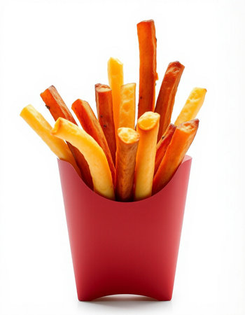 French fries in a red box isolated on white background. Selective focus.の写真素材