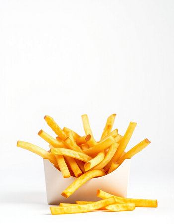 Golden French fries in a white box on a white background with copy space