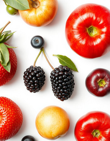 Fruits and berries on white background. Flat lay, top view