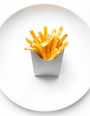 French fries in a white plate on a white background, close-upの写真素材