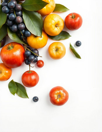 Fresh fruits and vegetables on white background. Top view. Flat layの写真素材