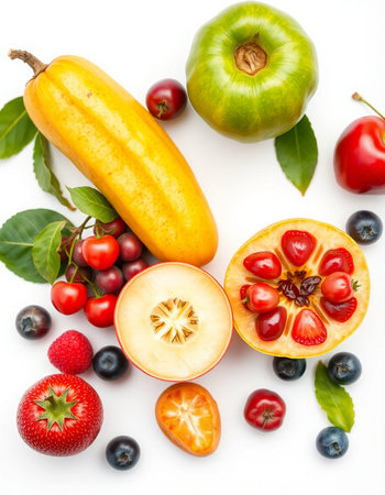 Fruits and vegetables isolated on white background. Healthy food concept.
