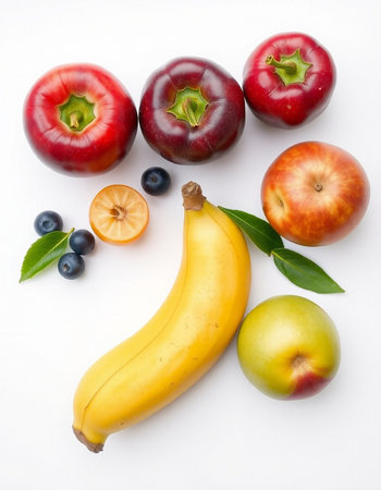 Banana, apples and blueberries isolated on a white background.の写真素材