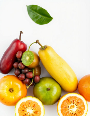 Fresh fruits and vegetables isolated on white background. Healthy food concept.