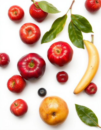 Fruits on a white background. Top view. Flat lay.