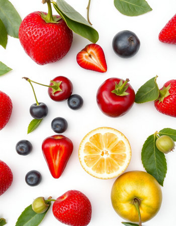 Fruits and berries on white background. Flat lay, top viewの写真素材