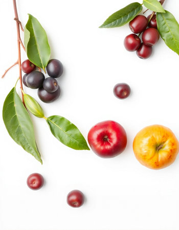 Fruits and leaves on a white background. Flat lay, top viewの写真素材