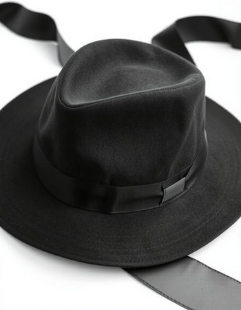 Black hat with black ribbon on white background. Shallow dof.の写真素材
