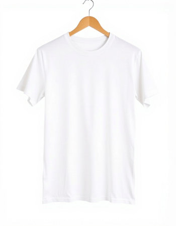 White t-shirt on a hanger on a white background.