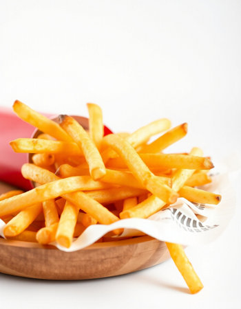 French fries in a wooden plate on a white background. Selective focus.の写真素材