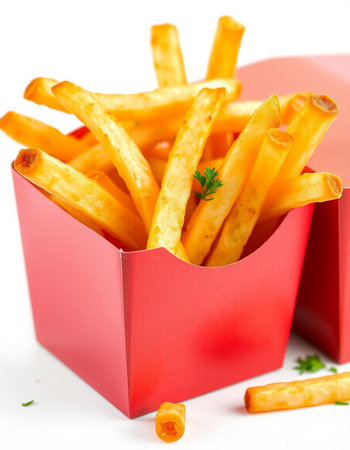 French fries in a red box on a white background, close-up