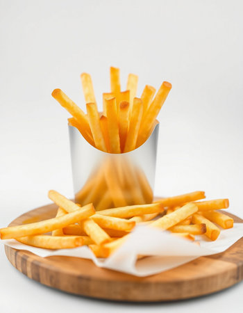 French fries in a paper box on a wooden board on a white background