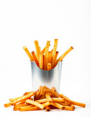 Potato sticks in a metal cup on a white background, isolated