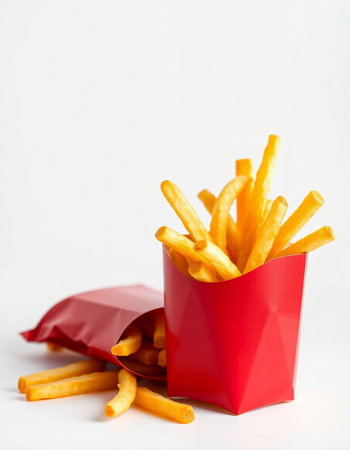 French fries in a red paper box on a white background, fast food