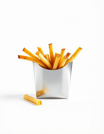 Golden French fries in a silver box isolated on a white background.
