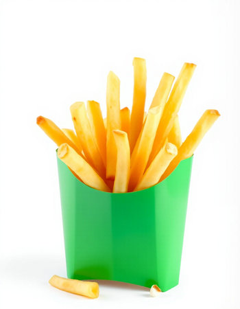 French fries in a green box on a white background. Isolated