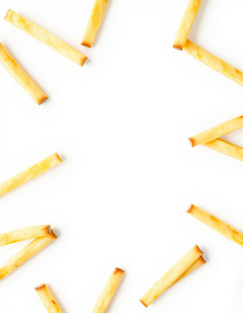 Frame made of french fries isolated on white background. Top view.の写真素材