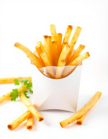French fries in paper box on white background. Selective focus.の写真素材