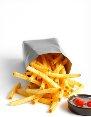 Golden French fries in a paper bag with ketchup on white backgroundの写真素材